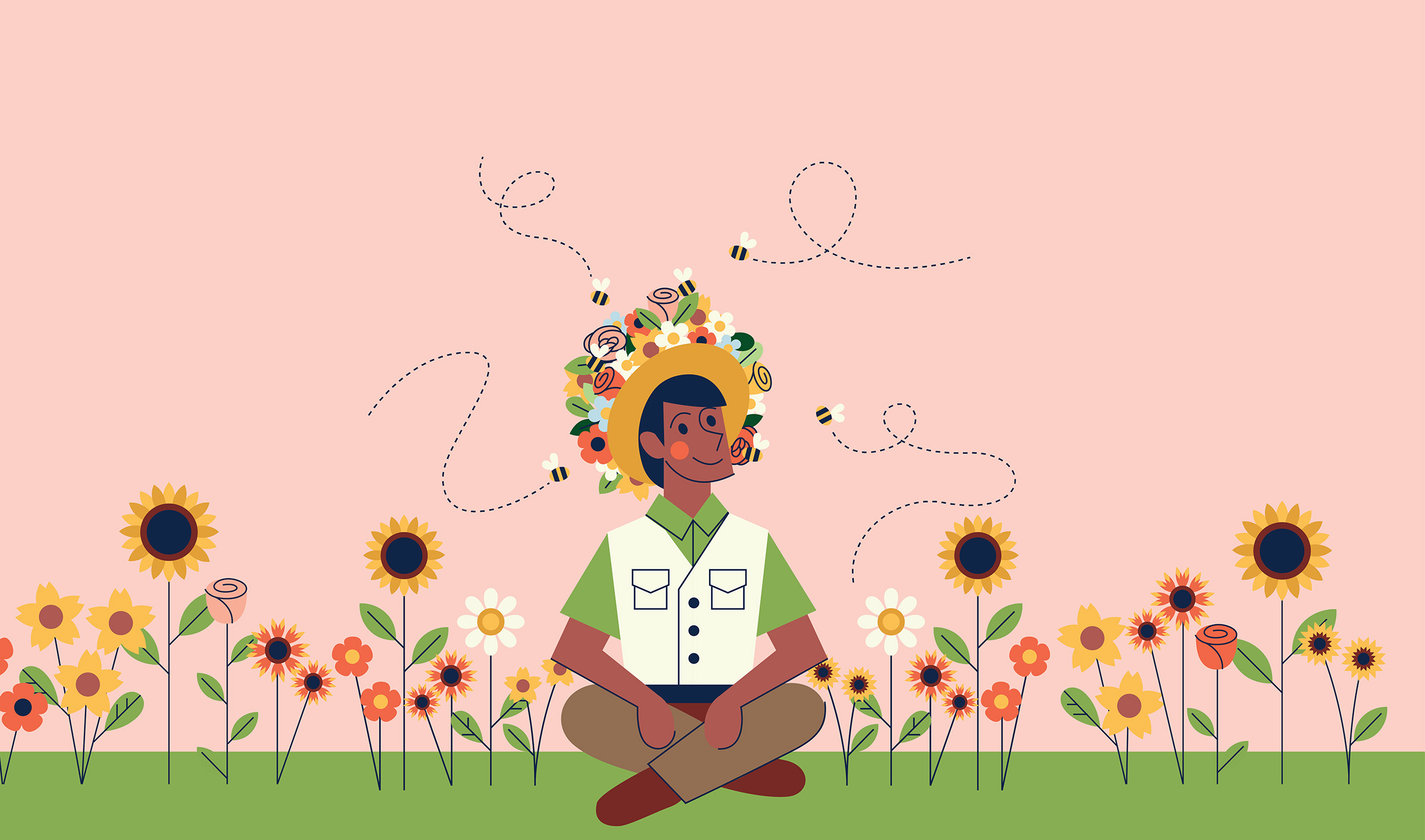 illustration of a man with a flower filled hat enjoying the park