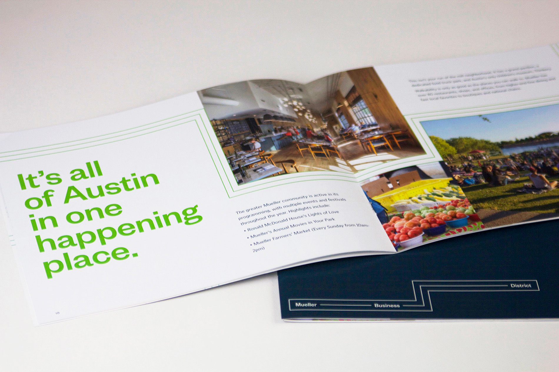 flat lay of mueller business district brochure